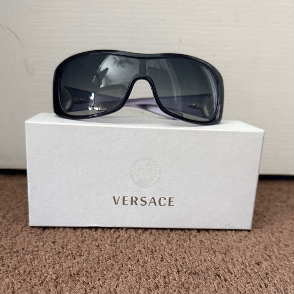 Versace Black Shield Sunglasses with Dark Gray Lenses